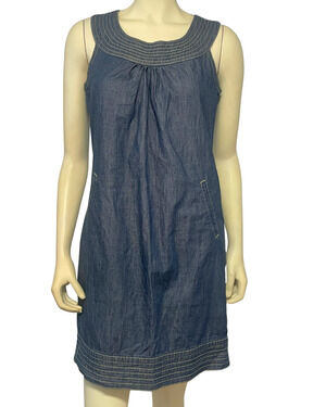Axcess Sz S Denim Shift Dress Contrast Stitched Yoke & Hem Sleeveless Blue Retro